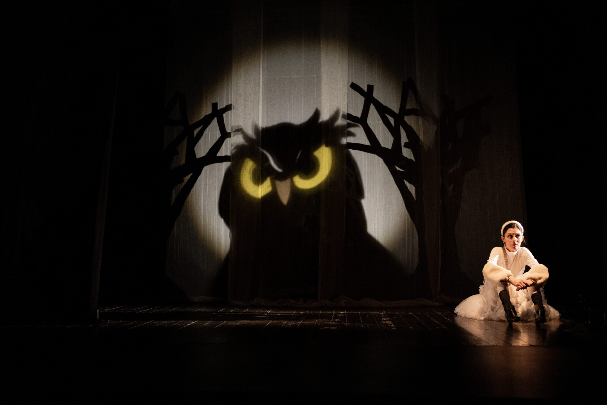 attrice con alle spalle l'ombra di un gufo